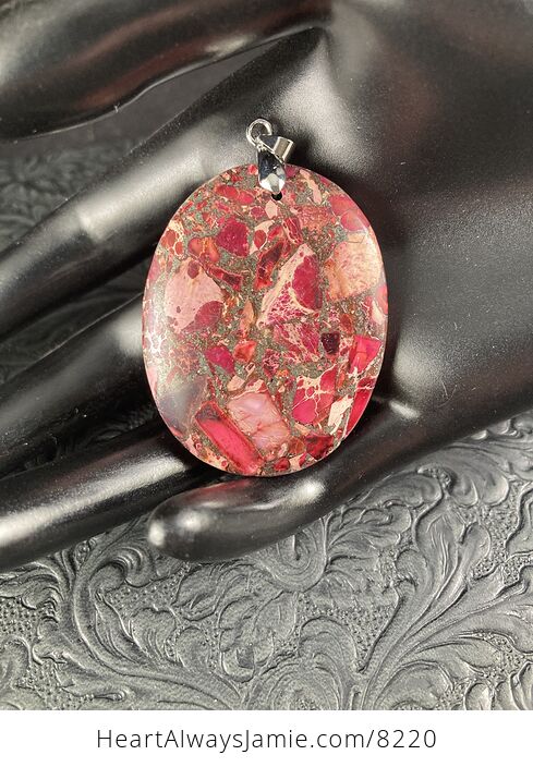 Oval Red and Pink Sea Sediment Jasper Stone Jewelry Pendant - #27xqV8ykC4U-1