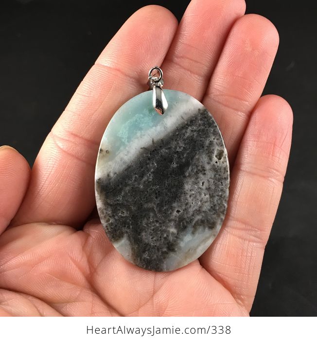 Oval Shaped Blue White and Black Natural Amazonite Jasper Stone Pendant Necklace - #soXLfj4ZQxI-2