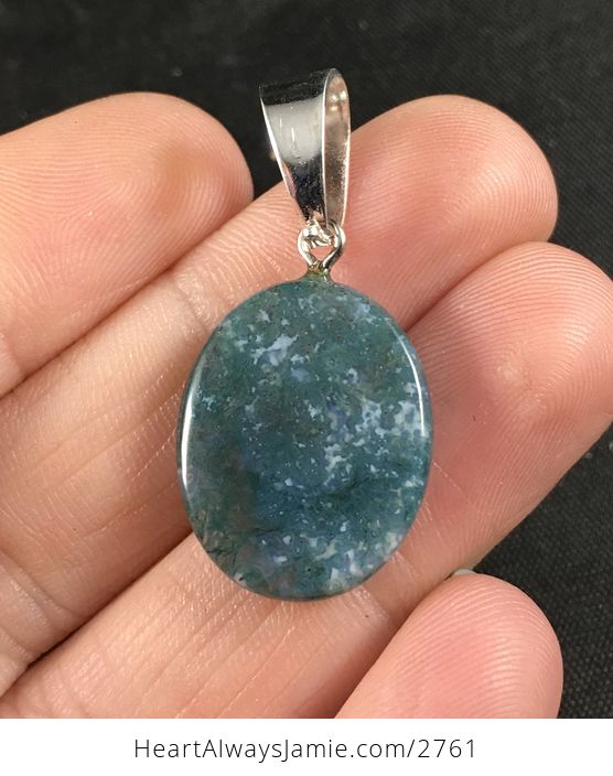 Oval Shaped Bluish Green Moss Agate Stone Pendant Necklace - #y6W36a3pdtU-2