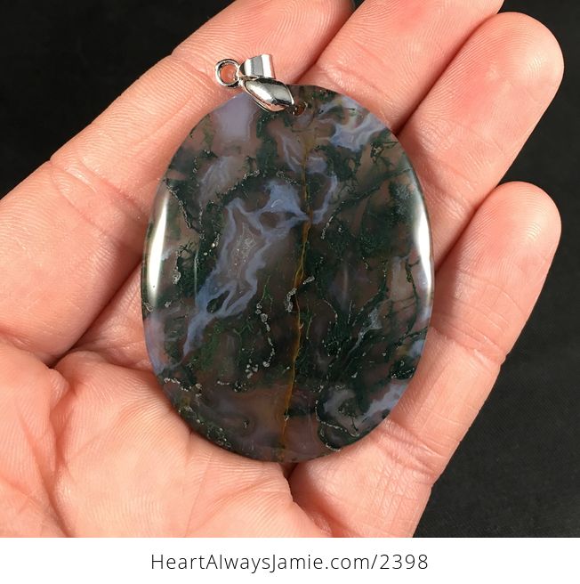 Oval Shaped Gray and Dark Green Moss Agate Stone Pendant - #7rQXYIdvblo-1