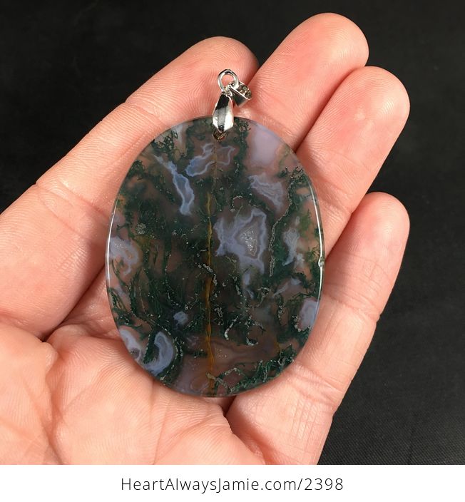 Oval Shaped Gray and Dark Green Moss Agate Stone Pendant Necklace - #7rQXYIdvblo-2