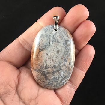 Oval Shaped Gray and Pastel Pink Natural Mexican Crazy Lace Agate Stone Jewelry Pendant #S4JtwxIbHTk