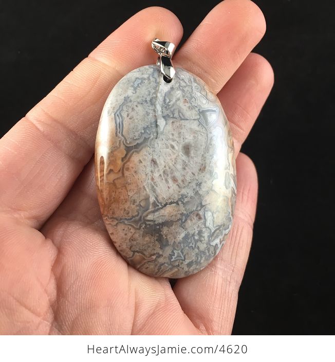 Oval Shaped Gray and Pastel Pink Natural Mexican Crazy Lace Agate Stone Jewelry Pendant - #S4JtwxIbHTk-2