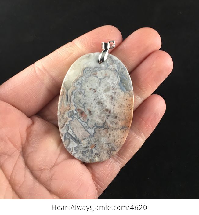 Oval Shaped Gray and Pastel Pink Natural Mexican Crazy Lace Agate Stone Jewelry Pendant - #S4JtwxIbHTk-5