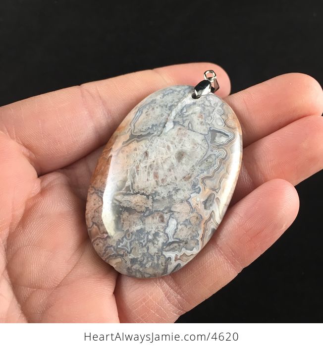 Oval Shaped Gray and Pastel Pink Natural Mexican Crazy Lace Agate Stone Jewelry Pendant - #S4JtwxIbHTk-3
