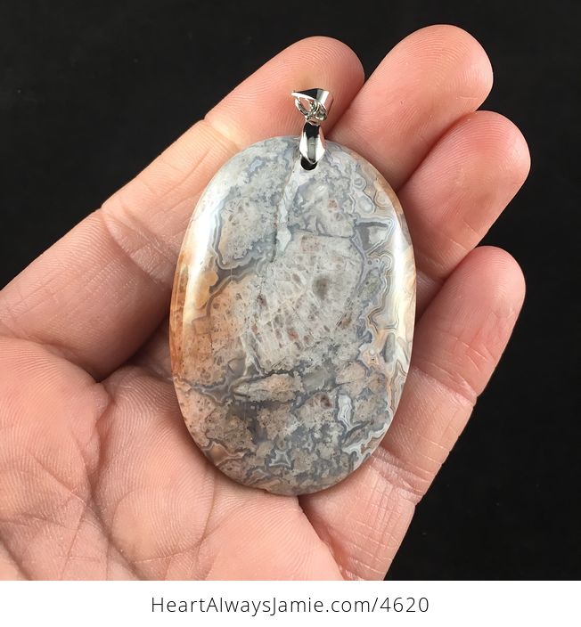 Oval Shaped Gray and Pastel Pink Natural Mexican Crazy Lace Agate Stone Jewelry Pendant - #S4JtwxIbHTk-1
