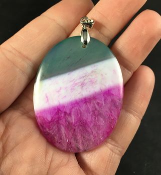 Oval Shaped Green White and Pink Druzy Agate Stone Pendant #4P4mzlDeXyE