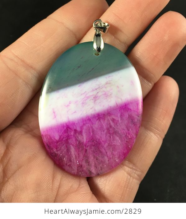 Oval Shaped Green White and Pink Druzy Agate Stone Pendant - #4P4mzlDeXyE-1