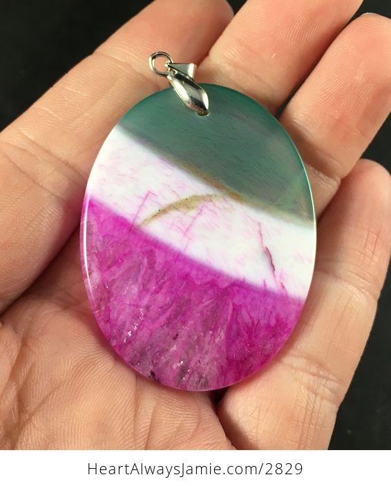 Oval Shaped Green White and Pink Druzy Agate Stone Pendant Necklace - #4P4mzlDeXyE-2