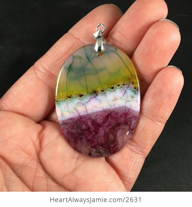 Oval Shaped Green White and Purple Dragon Veins Drusy Stone Pendant Necklace - #vt1kpZyGmSA-2
