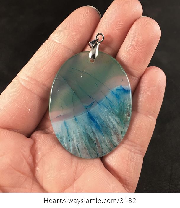 Oval Shaped Semi Transparent Green and Blue Druzy Stone Pendant Necklace - #y5VF71FLepM-2