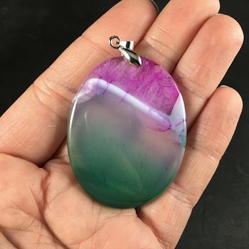 Oval Shaped Semi Transparent Green White and Pink and Purple Druzy Stone Pendant #Hl5e3dQWSBA