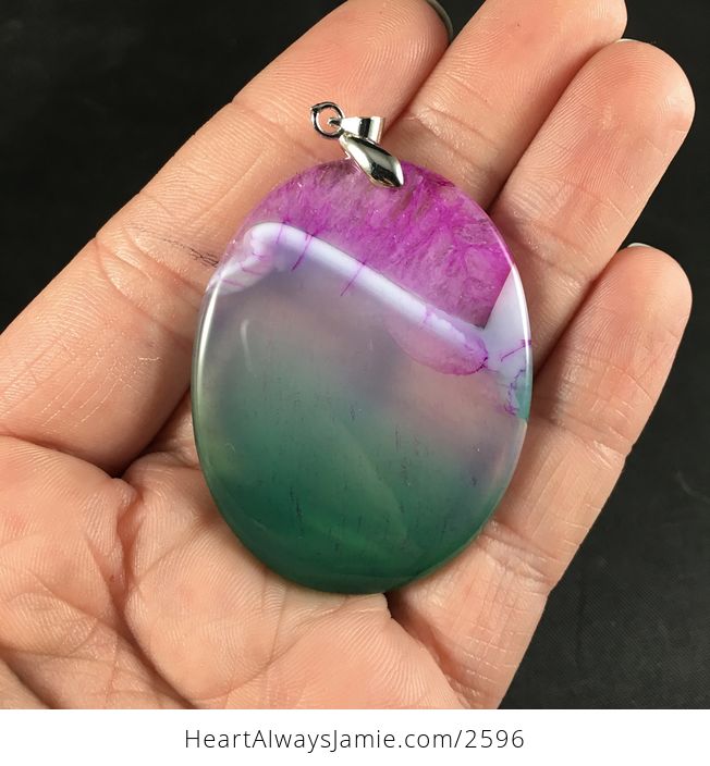 Oval Shaped Semi Transparent Green White and Pink and Purple Druzy Stone Pendant - #Hl5e3dQWSBA-1
