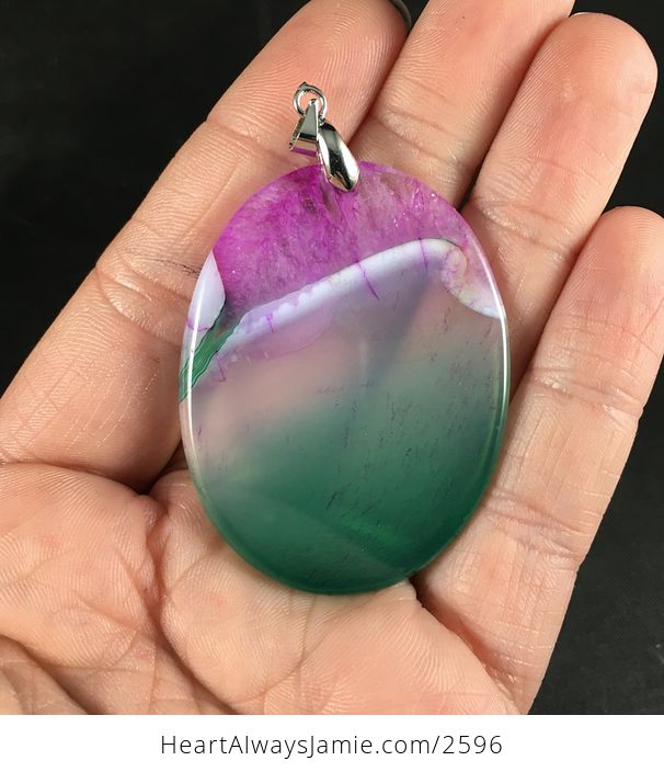 Oval Shaped Semi Transparent Green White and Pink and Purple Druzy Stone Pendant Necklace - #Hl5e3dQWSBA-2