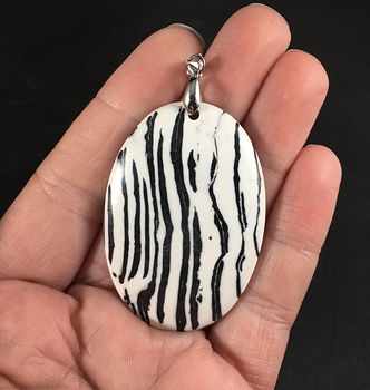 Oval Shaped Synthetic Black and White Striped Stone Pendant #1RntWy0Jlrk