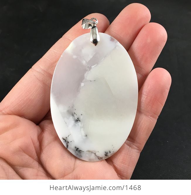 Oval Shaped White African Dendrite Moss Opal Stone Pendant Necklace - #FebG8sK9TjE-2