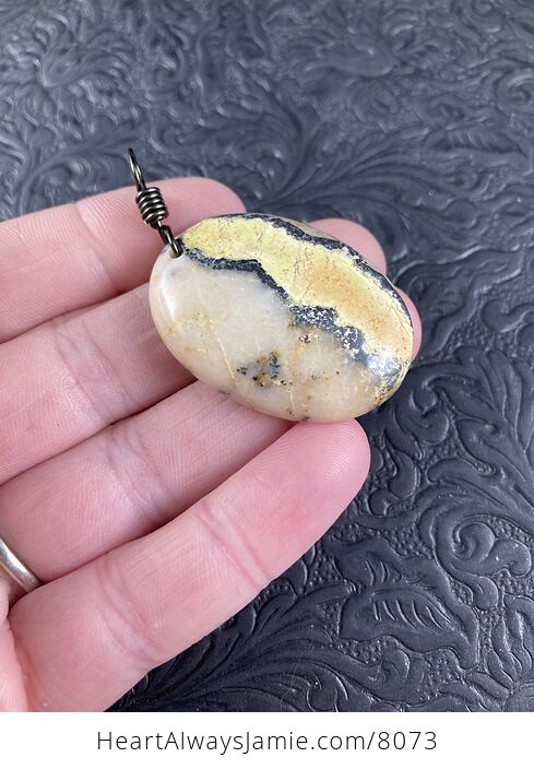 Oval Shaped Yellow Black and Beige Natural African Turquoise Stone Jewelry Pendant - #41e8QHO0WiM-4