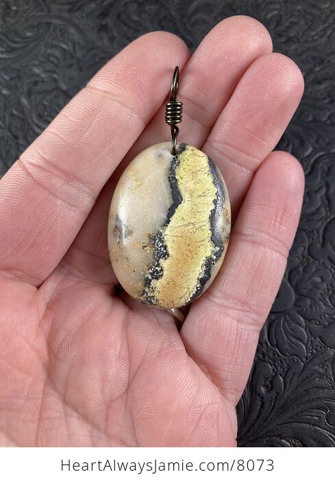 Oval Shaped Yellow Black and Beige Natural African Turquoise Stone Jewelry Pendant - #41e8QHO0WiM-2