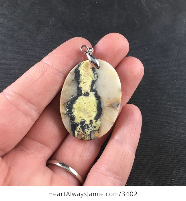 Oval Shaped Yellow Black and Beige Natural African Turquoise Stone Pendant Necklace - #RiPNghptzsM-5