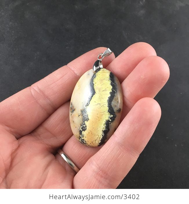 Oval Shaped Yellow Black and Beige Natural African Turquoise Stone Pendant Necklace - #RiPNghptzsM-2
