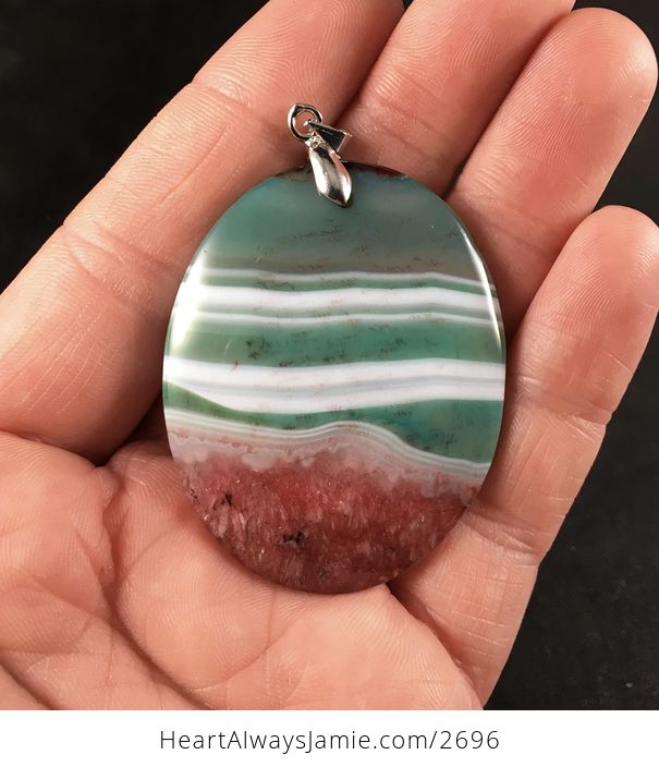 Oval White Green and Beautiful Red Druzy Agate Stone Pendant - #ZQXo8yetp8g-1
