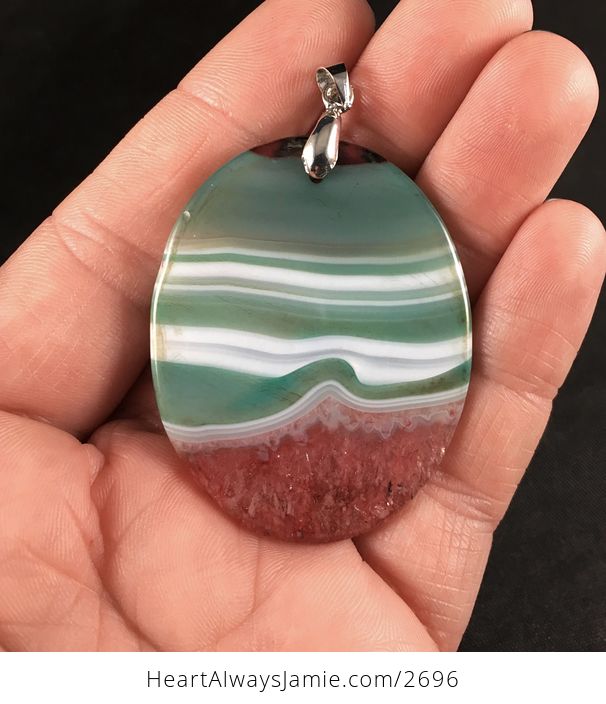 Oval White Green and Beautiful Red Druzy Agate Stone Pendant Necklace - #ZQXo8yetp8g-2