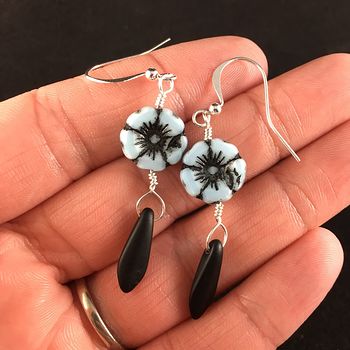 Pastel Blue and Black Glass Hawaiian Flower and Black Dagger Earrings with Silver Wire #M6gq2qpeDtM
