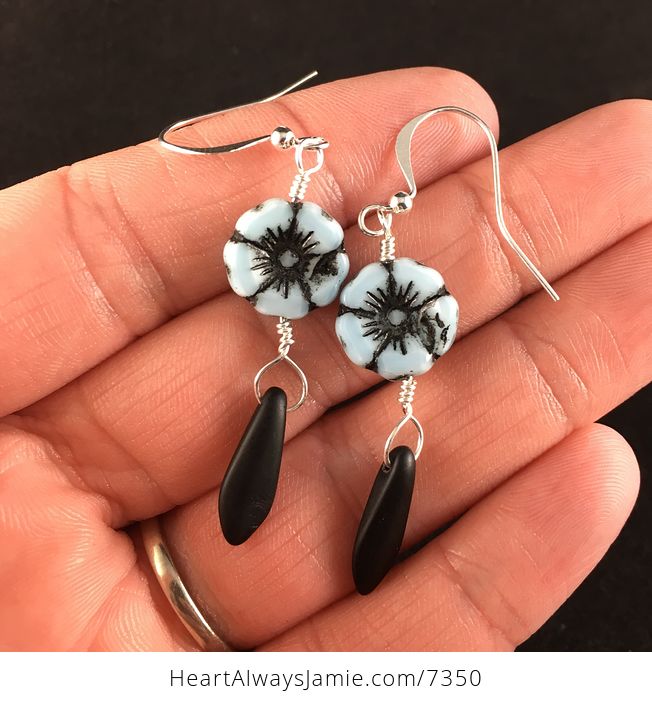 Pastel Blue and Black Glass Hawaiian Flower and Black Dagger Earrings with Silver Wire - #M6gq2qpeDtM-1