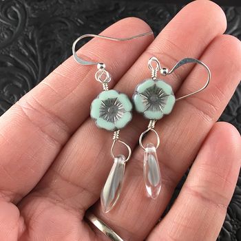 Pastel Blue and Gray Glass Hawaiian Flower and Milky Gray and Transparent Dagger Earrings with Silver Wire #zZTzMMAjx6w