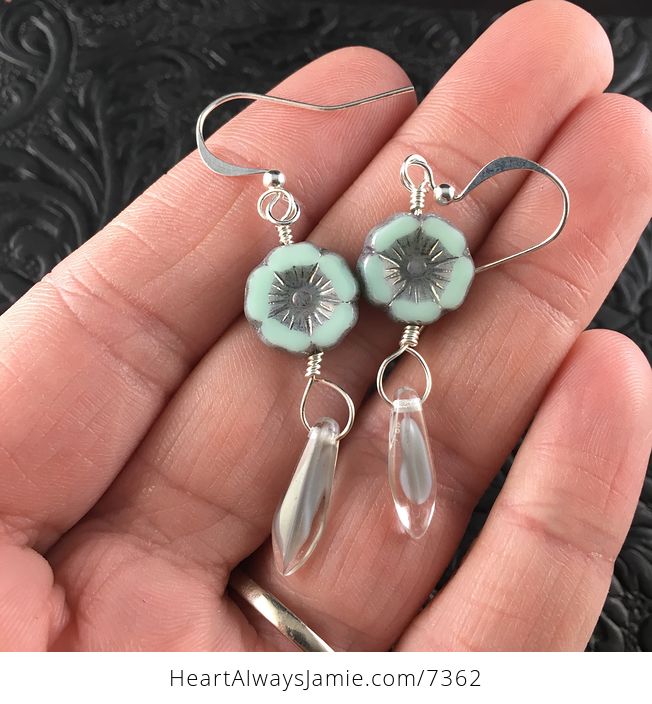 Pastel Blue and Gray Glass Hawaiian Flower and Milky Gray and Transparent Dagger Earrings with Silver Wire - #zZTzMMAjx6w-1