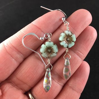 Pastel Mint Green and Bronze Glass Hawaiian Flower and Transparent and Peacock Dagger Earrings with Copper Wire #4JijHxBZGC0