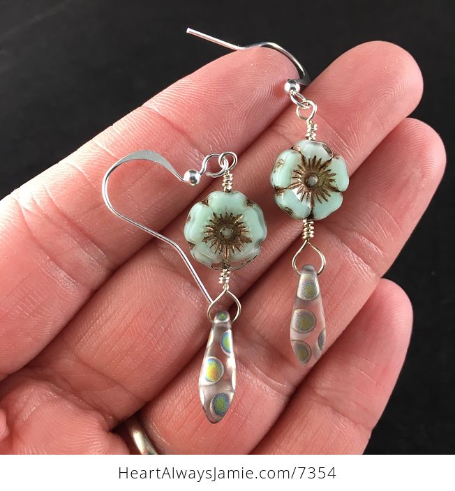 Pastel Mint Green and Bronze Glass Hawaiian Flower and Transparent and Peacock Dagger Earrings with Copper Wire - #4JijHxBZGC0-1