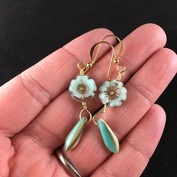 Pastel Mint Green and Bronze Glass Hawaiian Flower and Two Toned Turquoise and Tan Dagger Earrings with Gold Wire #YtwM3w4kpDU