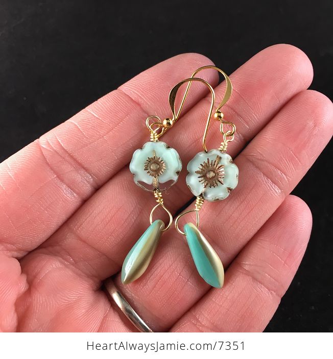 Pastel Mint Green and Bronze Glass Hawaiian Flower and Two Toned Turquoise and Tan Dagger Earrings with Gold Wire - #YtwM3w4kpDU-1