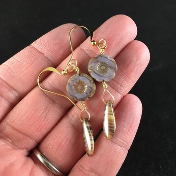Pastel Striped Lavender Glass Hawaiian Flower and Brown Striped Dagger Earrings with Gold Wire #n1ahTYtYm1U