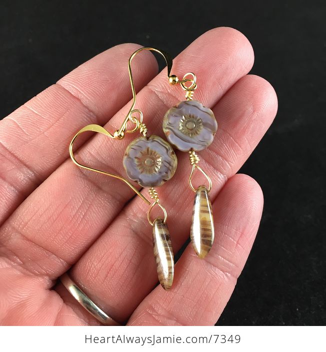 Pastel Striped Lavender Glass Hawaiian Flower and Brown Striped Dagger Earrings with Gold Wire - #n1ahTYtYm1U-1