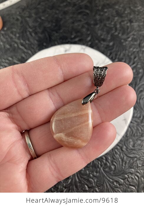 Peach Moonstone and Hematite Black Crystal Stone Jewelry Pendant - #Tt6aTCmffnk-4