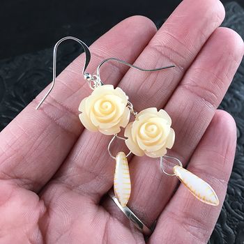 Peach Rose and Striped Dagger Earrings with Silver Wire #FU08STY4cxY