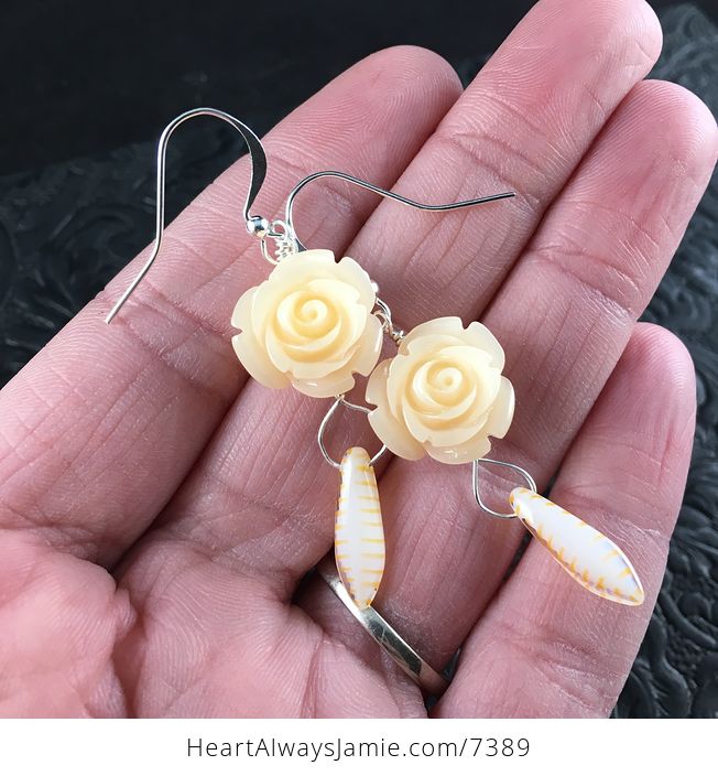 Peach Rose and Striped Dagger Earrings with Silver Wire - #FU08STY4cxY-1