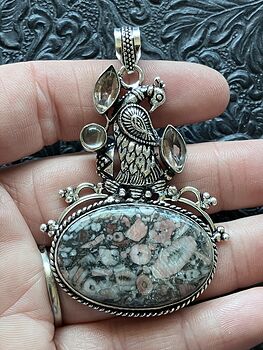 Peacock Morganite Rose Quartz and Crinoid Fossil Stone Pendant Crystal Jewelry #pUaSoJcMsK8