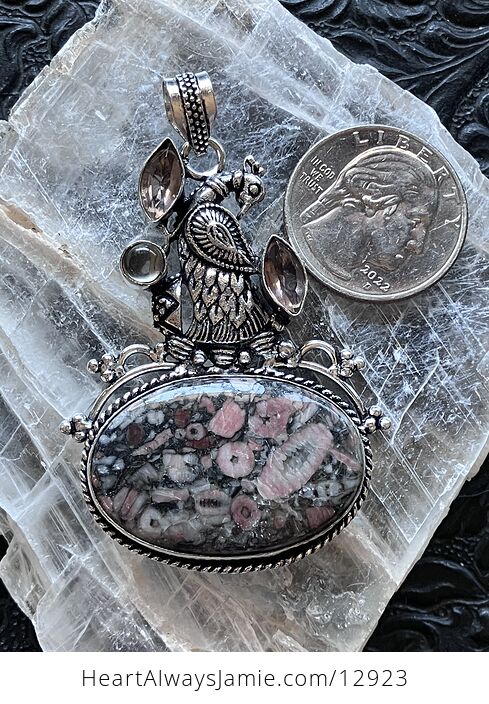 Peacock Morganite Rose Quartz and Crinoid Fossil Stone Pendant Crystal Jewelry - #pUaSoJcMsK8-5