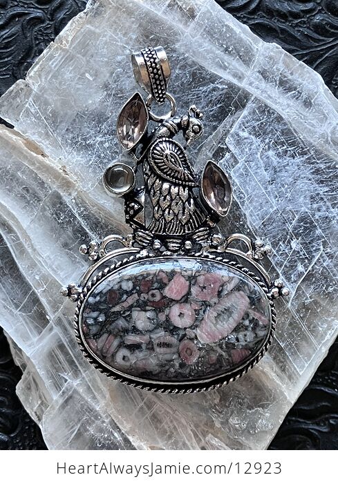 Peacock Morganite Rose Quartz and Crinoid Fossil Stone Pendant Crystal Jewelry - #pUaSoJcMsK8-4