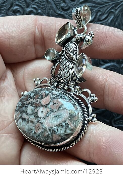 Peacock Morganite Rose Quartz and Crinoid Fossil Stone Pendant Crystal Jewelry - #pUaSoJcMsK8-2