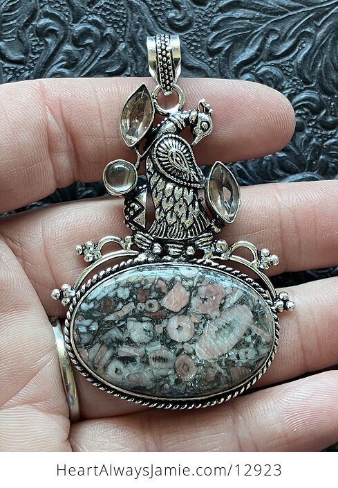 Peacock Morganite Rose Quartz and Crinoid Fossil Stone Pendant Crystal Jewelry - #pUaSoJcMsK8-1