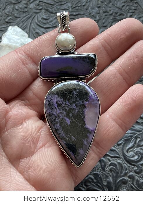 Pearl and Charoite Crystal Stone Jewelry Pendant - #W9eJXS9R72o-2