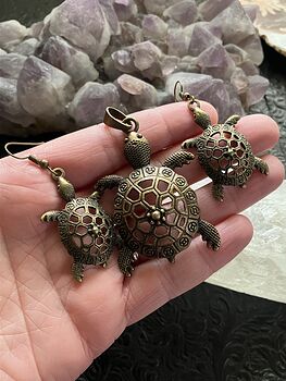 Pendant and Earrings Jewelry Set of Vintage Bronze Toned Cute Sea Turtles #Elk0Yanless