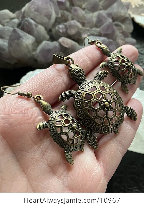Pendant and Earrings Jewelry Set of Vintage Bronze Toned Cute Sea Turtles - #Elk0Yanless-2