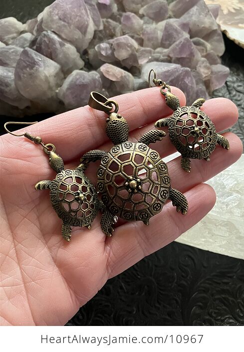 Pendant and Earrings Jewelry Set of Vintage Bronze Toned Cute Sea Turtles - #Elk0Yanless-1