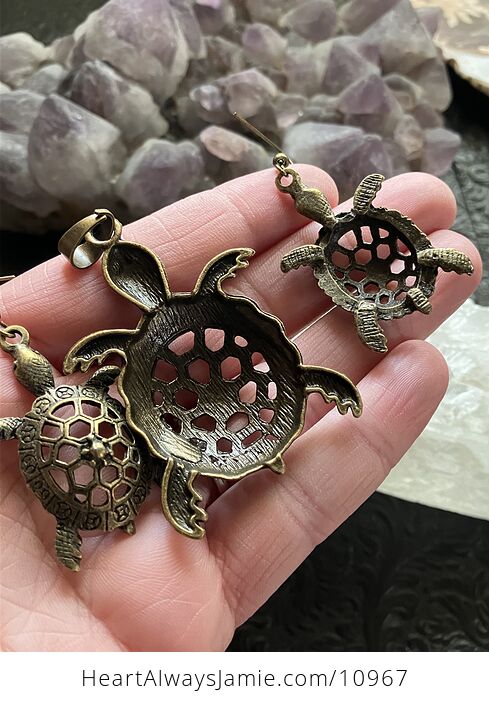 Pendant and Earrings Jewelry Set of Vintage Bronze Toned Cute Sea Turtles - #Elk0Yanless-3