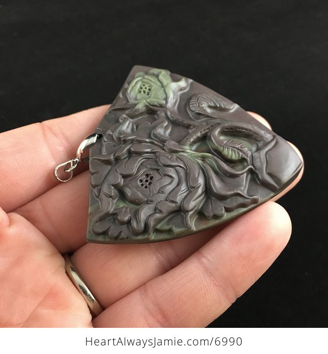 Peony Flower Carved Ribbon Jasper Stone Pendant Jewelry - #NqDJEU0Kf3Q-4